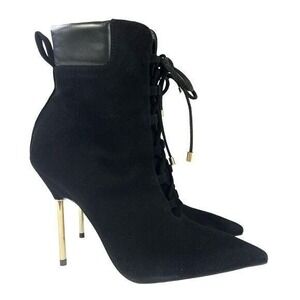 Good American Women 7 Black Suede Lace-Up Stiletto Ankle Bootie Modern Goth Chic